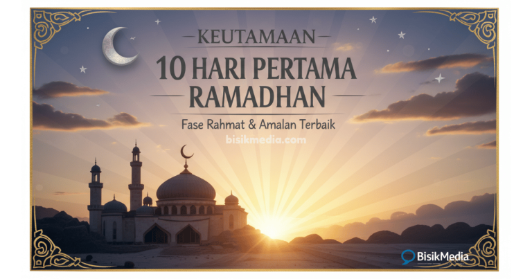 Ilustrasi sketsa hitam putih tentang keutamaan 10 hari pertama Ramadhan dengan siluet masjid dan bulan sabit