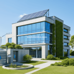 Sketsa konsep arsitektur berkelanjutan modern dengan panel surya, sistem rainwater harvesting, taman vertikal, dan bangunan hemat energi ramah lingkungan