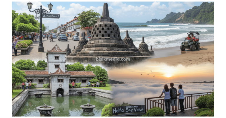 Rekomendasi tempat wisata di Yogyakarta seperti Malioboro, Candi Borobudur, Pantai Parangtritis, Taman Sari, dan HeHa Sky View