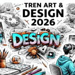 Ilustrasi tren art & design 2026 dengan tipografi eksperimental dan elemen visual modern