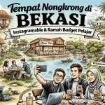 Ilustrasi suasana tempat nongkrong di Bekasi dengan kafe, taman kota, dan anak muda berkumpul menikmati kopi